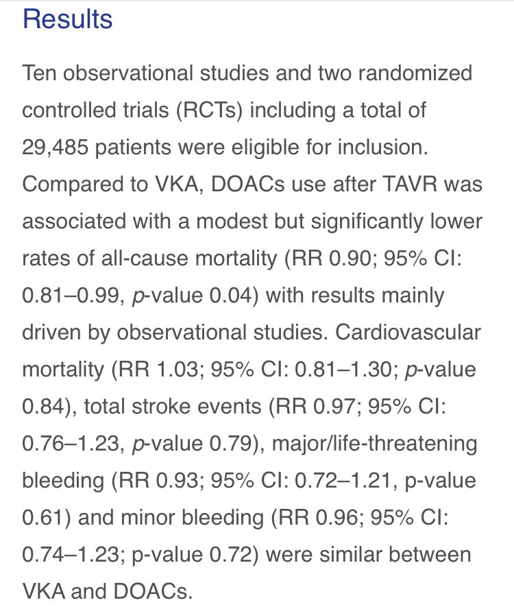 lorenzotua's tweet photo. “Considering the totality of available evidence, in patients undergoing TAVR with a concomitant indication for OAC, DOACs-based strategy is an effective and safe anticoagulation strategy compared to VKA”
Our recent meta-analysis is now out at https://t.co/Jlrz3tS2IC https://t.co/mVks9sCq7s