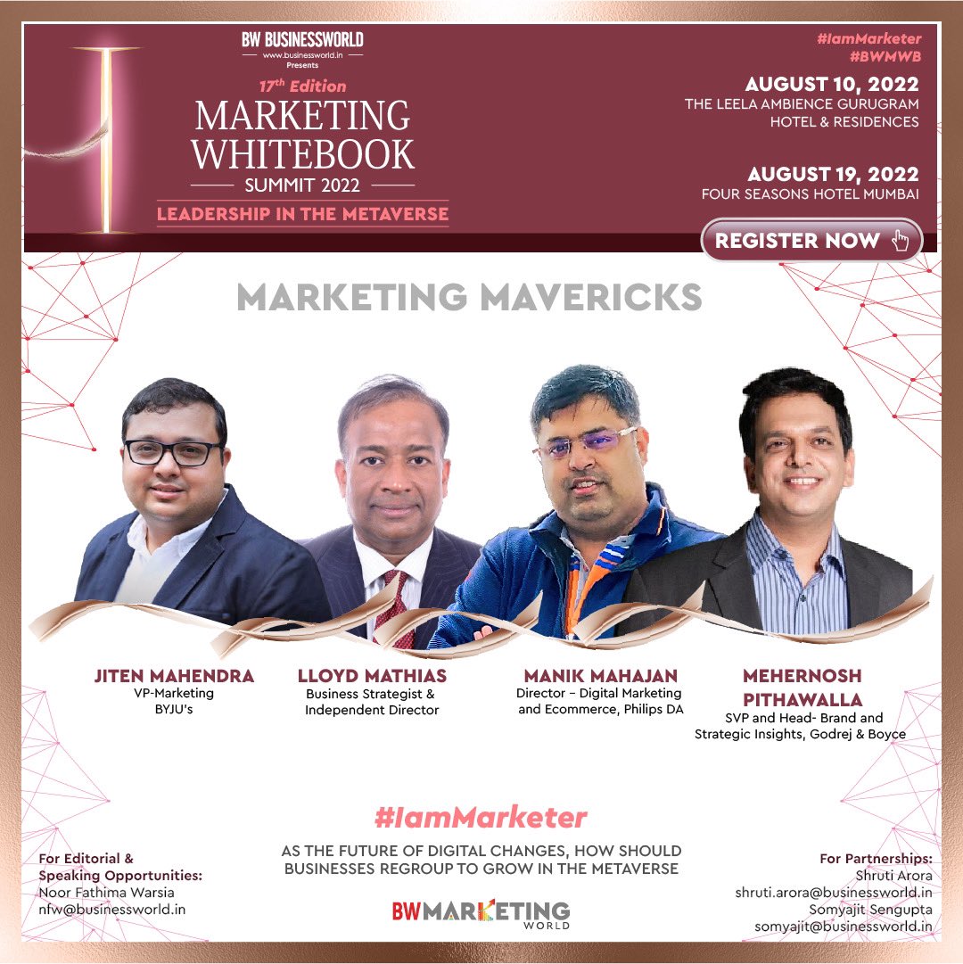 BW Businessworld (@bwbusinessworld) on Twitter photo <a href="/BWBusinessworld/">BW Businessworld</a> welcomes our Marketing Mavericks for the 17th edition of Marketing Whitebook Summit, 2022.
Event Date: August 10,2022, The Leela Ambience,Gurugram
August 19,2022, Four Seasons, Mumbai
Register Now: bwevents.co.in/bw/marketing-w… <a href="/BWBusinessworld/">BW Businessworld</a> welcomes our Marketing Mavericks for the 17th edition of Marketing Whitebook Summit, 2022.
Event Date: August 10,2022, The Leela Ambience,Gurugram
August 19,2022, Four Seasons, Mumbai
Register Now: bwevents.co.in/bw/marketing-w…
