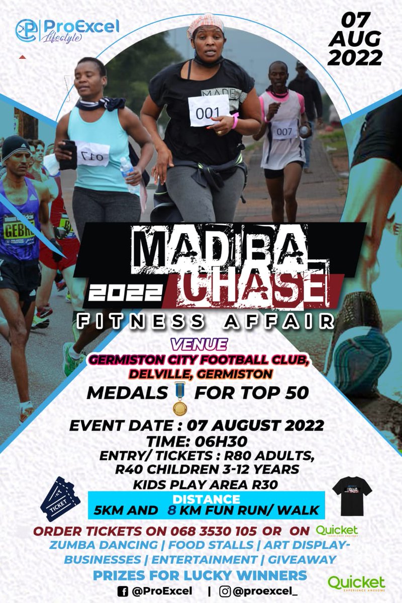 tolo_sharon's tweet photo. We're @ Germiston City Football Stadium on 07 August 2022. You can still enter on the day or buy your ticket on Quicket, link below #MadibaChaseFunRun# Health&amp;Fitness

https://t.co/69d2ofChsX https://t.co/yLawBm8wmi