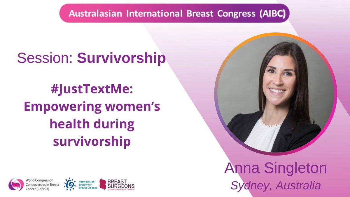 CoBrCaCongress's tweet photo. #AIBC welcomes Anna Singleton.
She will present the lecture: #JustTextMe: Empowering women’s health during survivorship in the SURVICORSHIP session at #AIBC.
For more: https://t.co/DK3RT0drFY
#asbd #breastsurganz #cobrca #Queensland #brisbane https://t.co/sfEX3kg7VH
