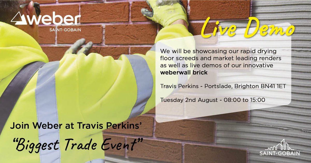 Weber UK & Ireland (@sgweberuk) on Twitter photo Come down to <a href="/TravisPerkinsCo/">Travis Perkins</a> in Portslade next week to see weberwall brick being applied and finished in a live demonstration. Appreciate the fast application process and outstanding product performance benefits in a real-life installation. 
#TradeDay #LiveDemo #TravisPerkins Come down to <a href="/TravisPerkinsCo/">Travis Perkins</a> in Portslade next week to see weberwall brick being applied and finished in a live demonstration. Appreciate the fast application process and outstanding product performance benefits in a real-life installation. 
#TradeDay #LiveDemo #TravisPerkins