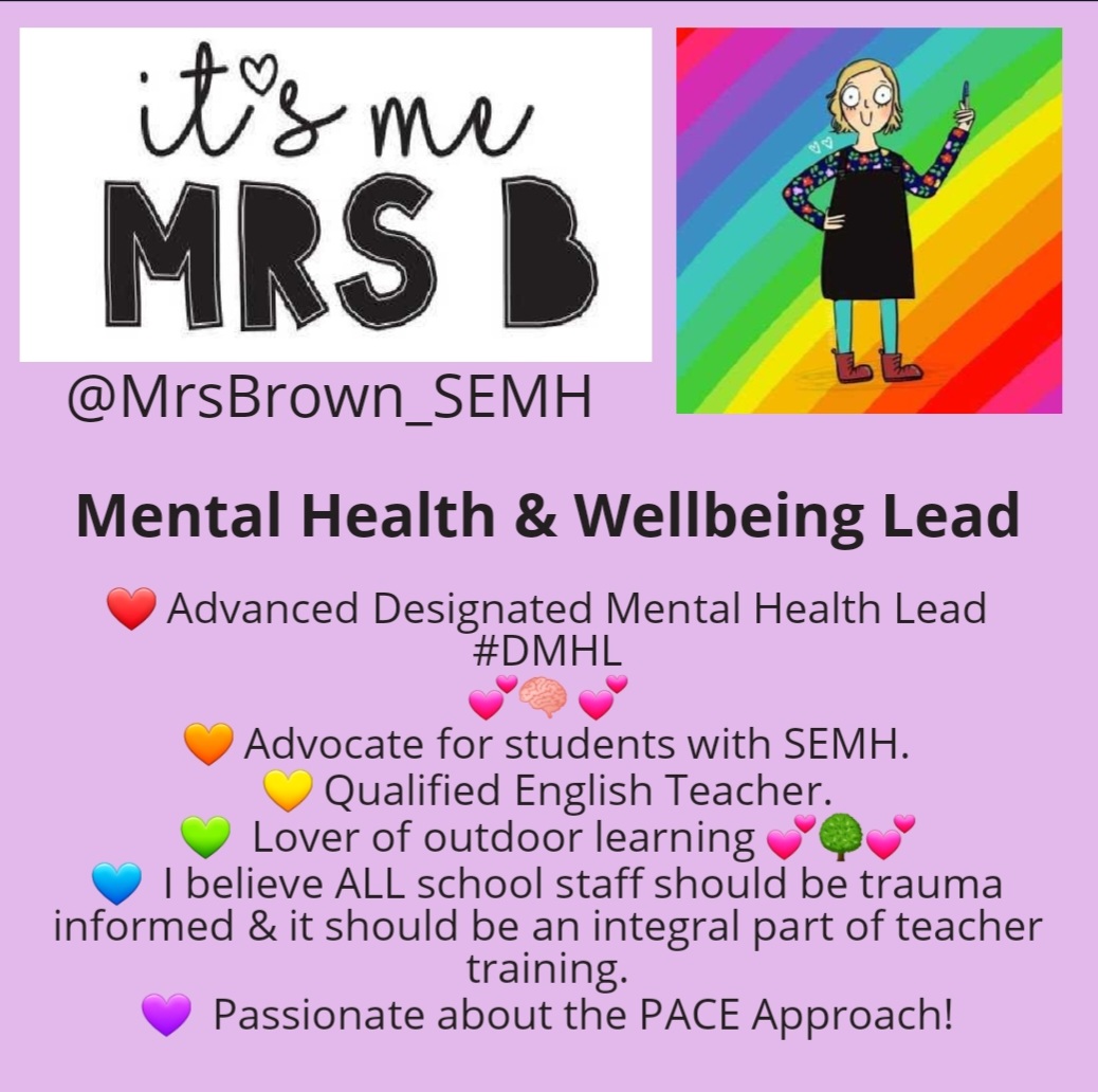 Slight tweak to my bio! Mental Health & Wellbeing Lead Excited to support the #MentalWellbeing of the whole school community - staff, students & their families! Please RT, 'like' & tag so I can grow my circle. #DesignatedMentalHealthLead #DMHL #MentalHealth #Wellbeing 💕🧠💕