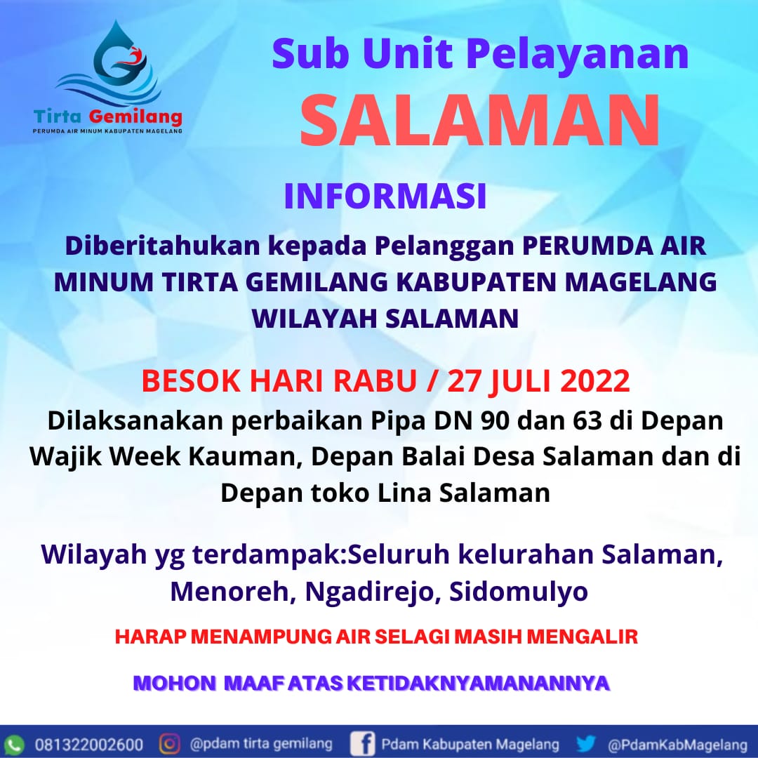 Informasi perbaikan pipa DN 90 dan 63 di Salaman

#pdam #perumda #perumdaairminum #tirtagemilang #kabupatenmagelang #kabmagelang #kominfomagelang