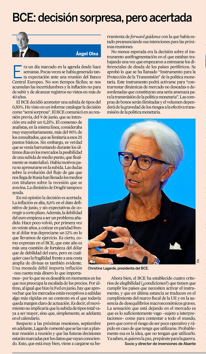 Os dejamos la tribuna de <a href="/angelolearico/">Ángel Olea</a> que ha publicado este fin de semana <a href="/expansioncom/">expansioncom</a> sobre la reunión del #BCE: "Decisión sorpresa, pero acertada".