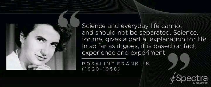 Spectra_sci's tweet photo. Aside from her work on DNA double helix, Franklin also made a remarkable contribution to the understanding of molecular structures of viruses, coal and graphite. 2/2

#Spectra #onthisday #WomenInSTEM #science #biology #scientist #DNA #RosalindFranklin https://t.co/bxGz3jC3KD