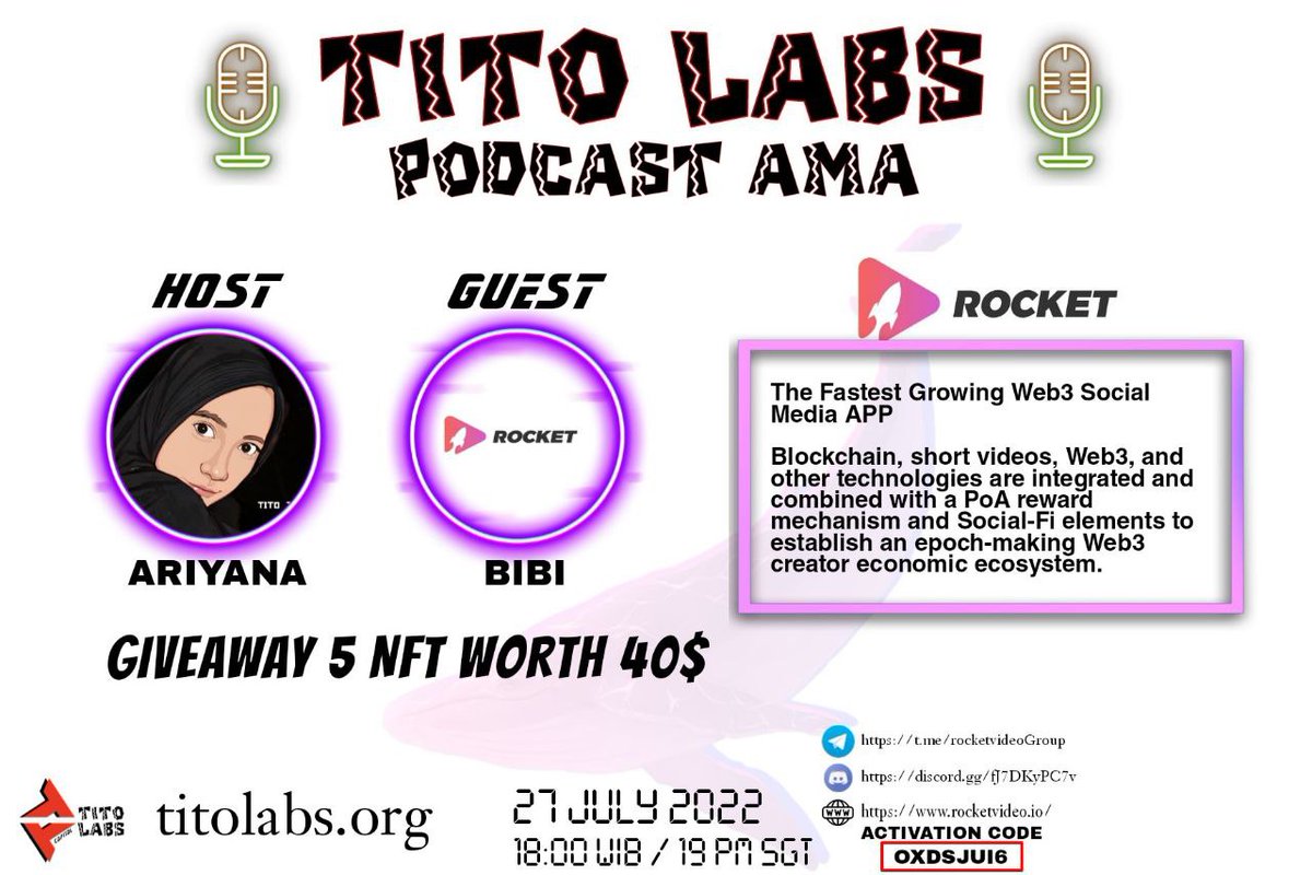 0xCaptainTit0's tweet image. Titolabs.org AMA with @RocketVideos3 

Web3 Social media 
Giveaway 5 NFTs worth 40$ + 100 TRX for participant 

Venue :t.me/titolabs_id

#AMA #GIVEAWAYAMA #ROCKETVIDEO #RVT #AIRDROP