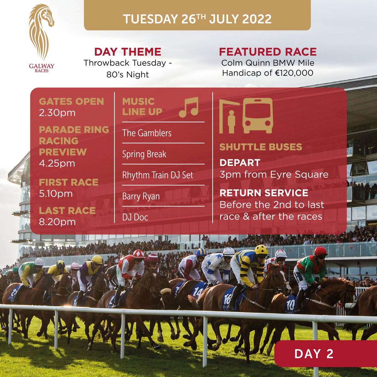 📌COMING UP TODAY, TUESDAY⤵️ 👉 The @ColmQuinn_bmw Mile Handicap of €120,000 👉 We are joined by the All-Ireland Minor Football Champions (Galway), & 👉 The superb 80's band, SpringBreak, + lots more! #GalwayRaces #GiddyforGalway
