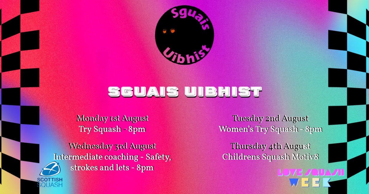Scottish_Squash's tweet photo. Over to the Western Isles next!
@sguibhist are offering #TrySquash sessions for everyone on Monday 1st and women on 2nd August.
For intermediate players, they're putting on a great coaching session to understand some of the finer points of squash!
#LoveSquashWeek2022 https://t.co/KQJUCUbIGl