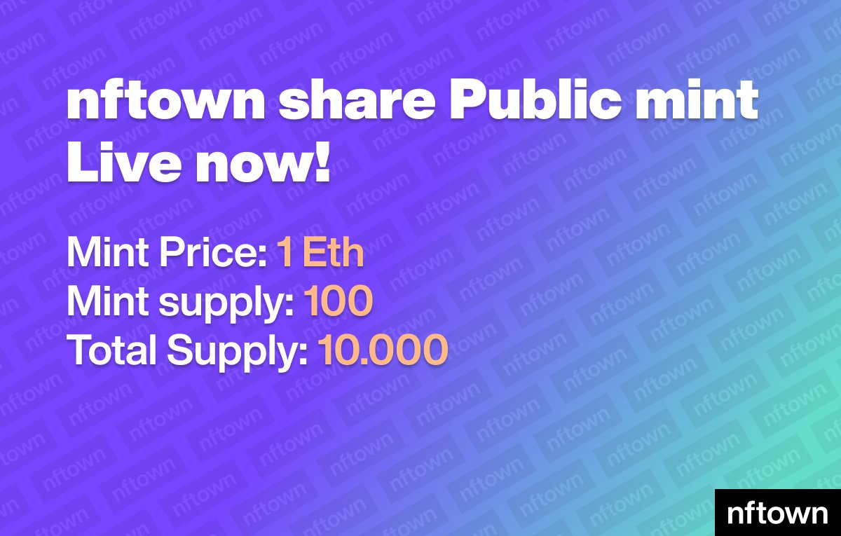nftown_com's tweet photo. Public Mint Live!!!!

https://t.co/6zPzPyemp3

After the mint the of the first 100 (at 1 ETH) the mint price will increase by 0.2 Eth every 100 mints up 5000 minted.
After the 5000 shares are minted we will announce the next steps.
#nftown #NFTCommmunity https://t.co/SJqwtbrLYo