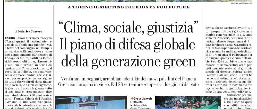 Breve rassegna stampa su #climatesocialcamp a Torino.
Corriere della Sera un trafiletto a pag 20
Repubblica tutta pag 18