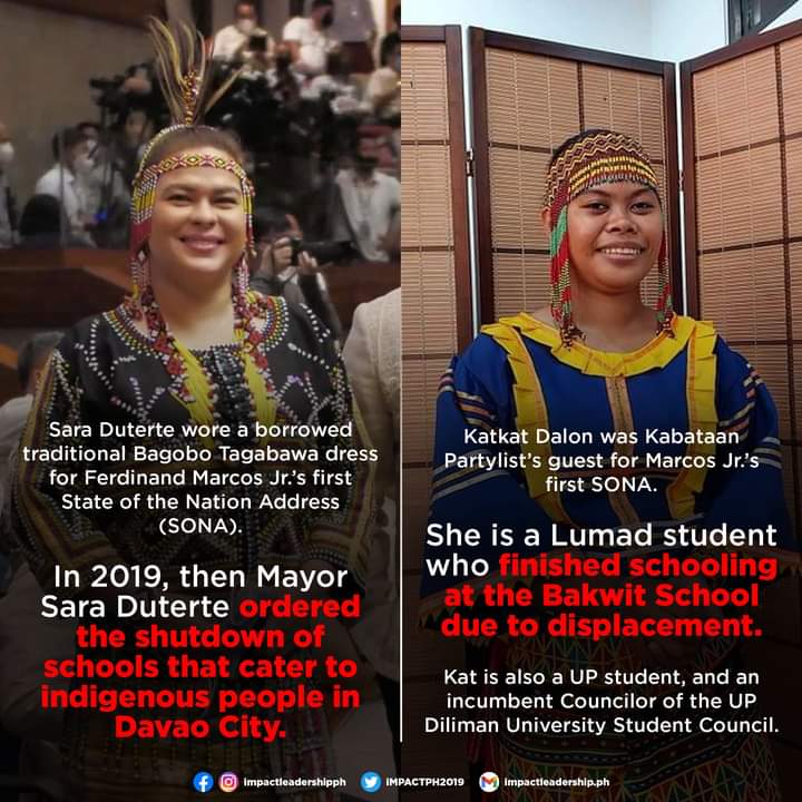 Sara Duterte ordered the shut down of Lumad schools in Davao City.

Katkat Dalon, Kabataan Partylist's guest for Marcos Jr.'s first #SONA2022, is a Lumad student who finished schooling at the Bakwit School due to displacement.
