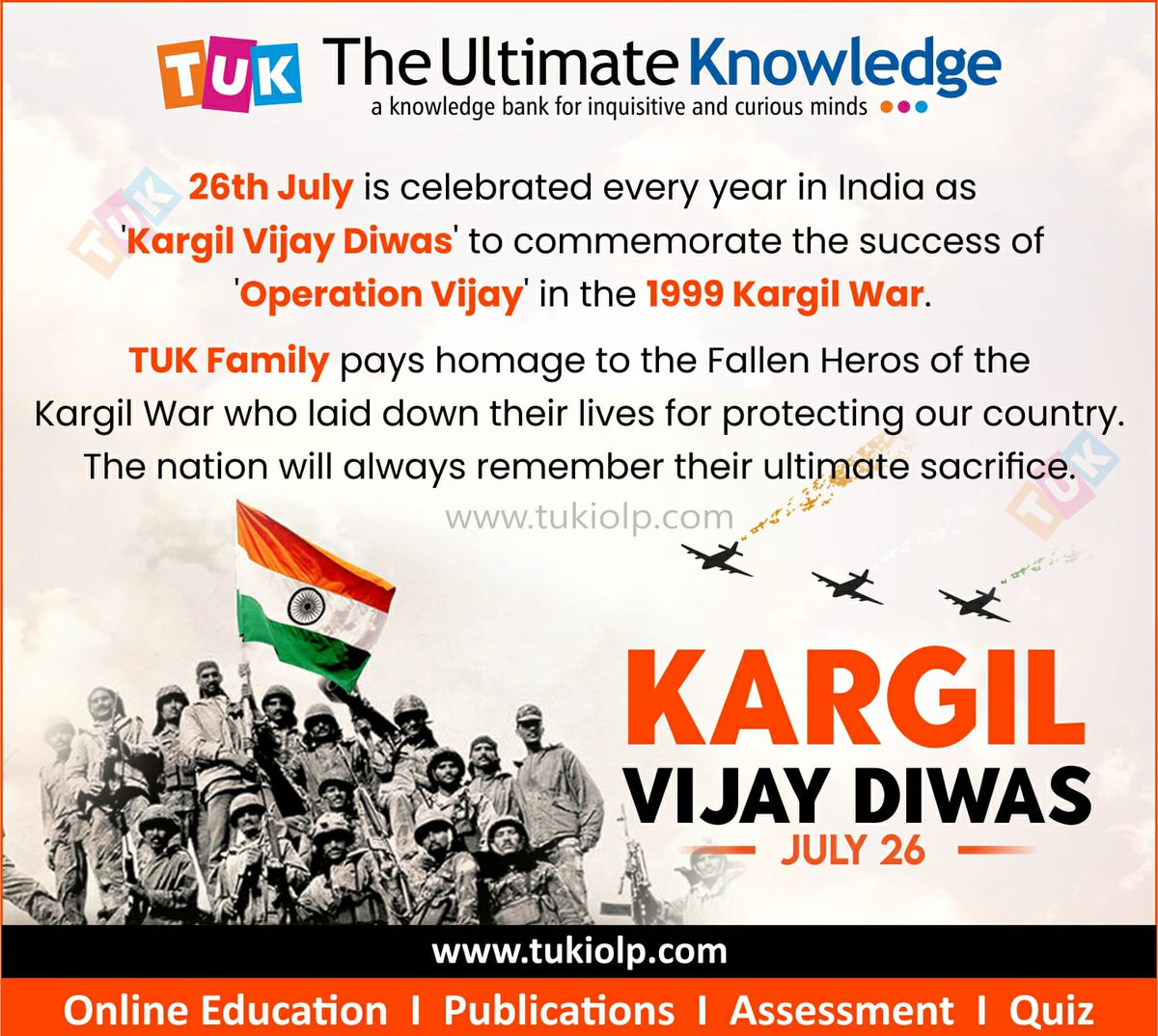TUKnowledge's tweet photo. #LeanWithTUK - 𝟮𝟲𝘁𝗵 𝗝𝘂𝗹𝘆 is celebrated every year in #India 🇮🇳 as '#KargilVijayDiwas' to commemorate the success of '#OperationVijay' in the #1999KargilWar.
#TUKWorld #KargilVictory #KargilVijay #CourageInKargil #23YearsOfKargil #KargilHeros #RememberingKargil #JaiHind https://t.co/uULza63roq