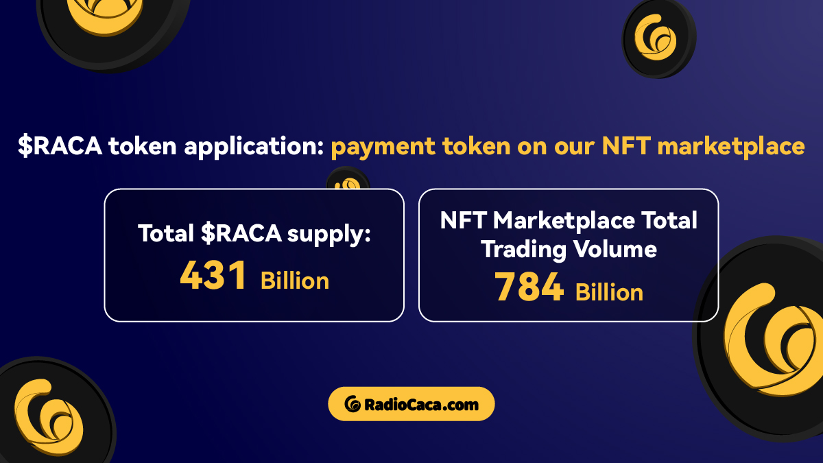 🔥#RACA token application: payment token on our NFT marketplace.🔥 Total #RACA supply: 431B NFT Marketplace Total Trading Volume: 784B 🚀🚀🚀 @BNBCHAIN #BNBChain