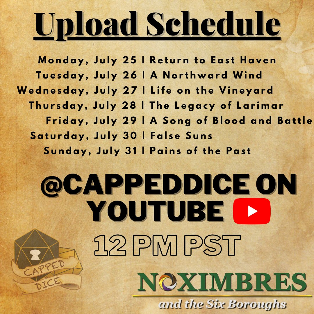 CappedDice's tweet photo. It's the wonderful week of binge watching! 7 new episodes of Noximbres and the Six Boroughs, this week on YouTube. Link in bio!

#NATSB #cappeddice #dungeonsanddragons #dnd5e #homebrew #tabletoprpg #ttrpg #ttrpgfamily #twitch #twitchstreamer #heroforge #roll20 #dndbeyond https://t.co/ebha0tdcBv
