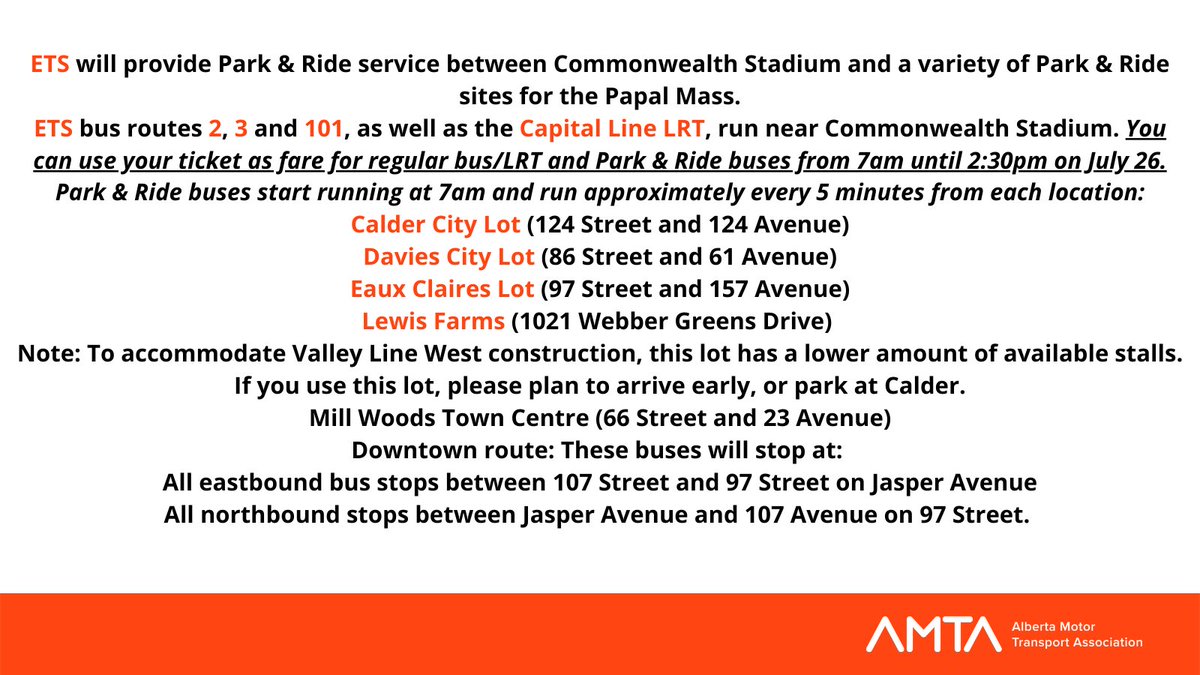 The <a href="/Pontifex/">Pope Leo XIV</a> will hold mass at Commonwealth Stadium <a href="/CityofEdmonton/">City of Edmonton</a> this morning at 10:15am. People are encouraged to be there for 8am to avoid large lineups.

Commercial truck traffic is encouraged to avoid the area with many delays expected.

A note from <a href="/takeETSalert/">Edmonton Transit Service (ETS)</a> below.