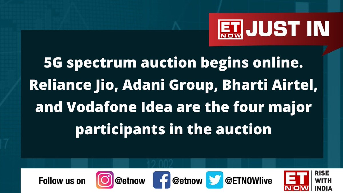 ETNOWlive's tweet photo. 5G spectrum auction begins online. Reliance Jio, Adani Group, Bharti Airtel, and Vodafone Idea are the four major participants in the auction 

@TRAI #5G #5GConnection #Reliance #BhartiAirtel https://t.co/Uj1bHpChJn