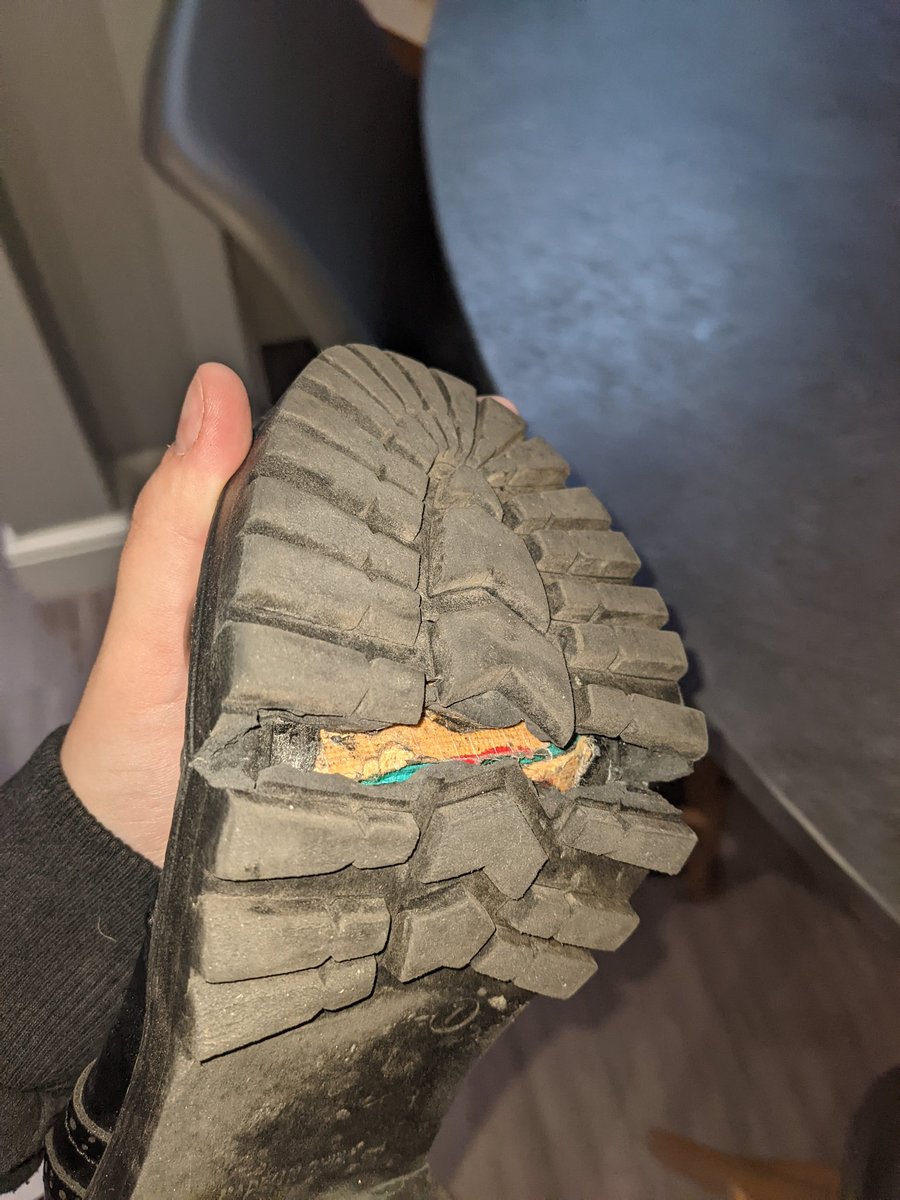 elhartt's tweet photo. hi @ASOS I wore these shoes to work for ONE day. I don't qualify for your returns policy however as I dont have any of the packaging and I have worn them. this quality is ridiculous. https://t.co/vS7r1k47wx