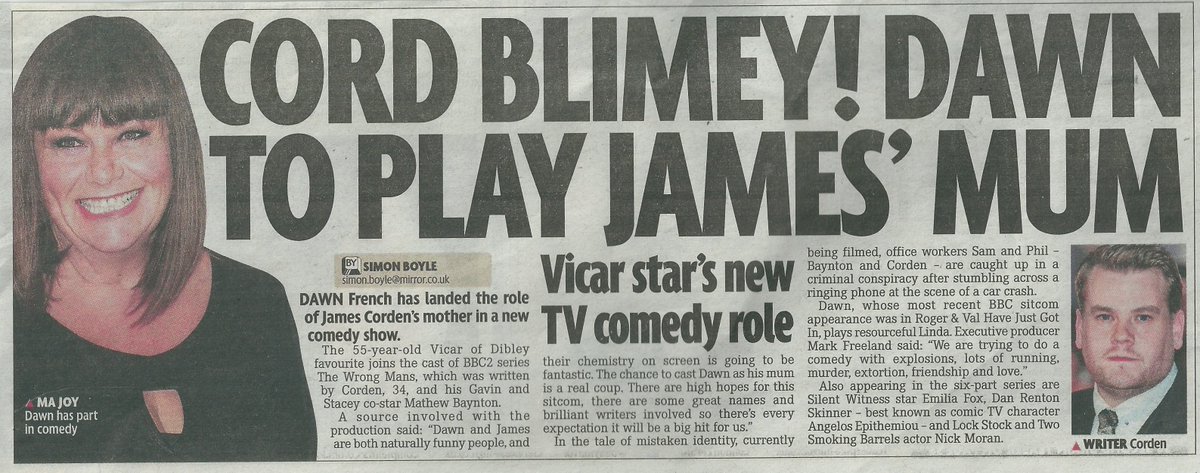 JannaANDCameron's tweet photo. Cord Blimey! Dawn to play James' Mum.
The Mirror
28th January 2013
Own scan
#DawnFrench
#JamesCorden
#TheWrongMans
#BritishComedy
#BritishSitcom https://t.co/Z7sBJ6M1uy
