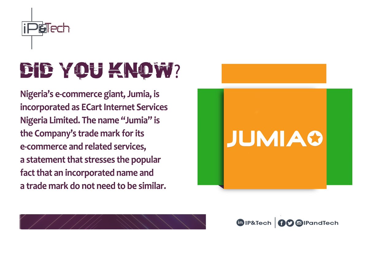 UjongOkpa's tweet photo. DID YOU KNOW that your trademark and incorporated name do not need to be similar?

@JumiaNigeria #trademark #trademarkregistration #intellectualpropertyright #ecommerce #ipandtech #Nigeria #yourintellectualpropertymatters https://t.co/2BDUhhSG69