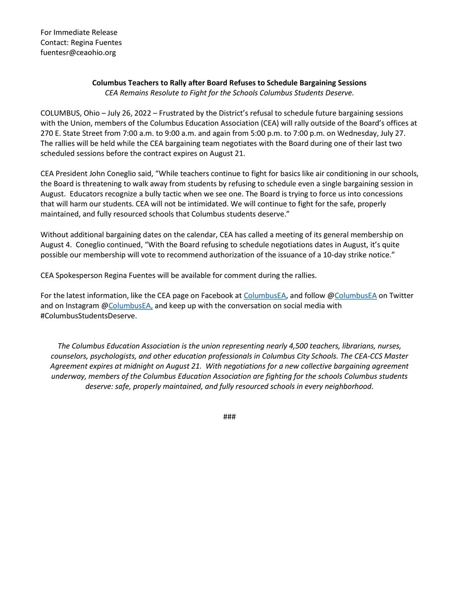 ColumbusEA's tweet image. EXTRA, EXTRA! CEA to rally on Wednesday! This follows the Board’s refusal to schedule sessions in August, effectively walking away from our students! Read more at: ceaohio.org/cea-to-rally-o… and then sign bit.ly/ColsPetition to help us win the schools #ColumbusStudentsDeserve!