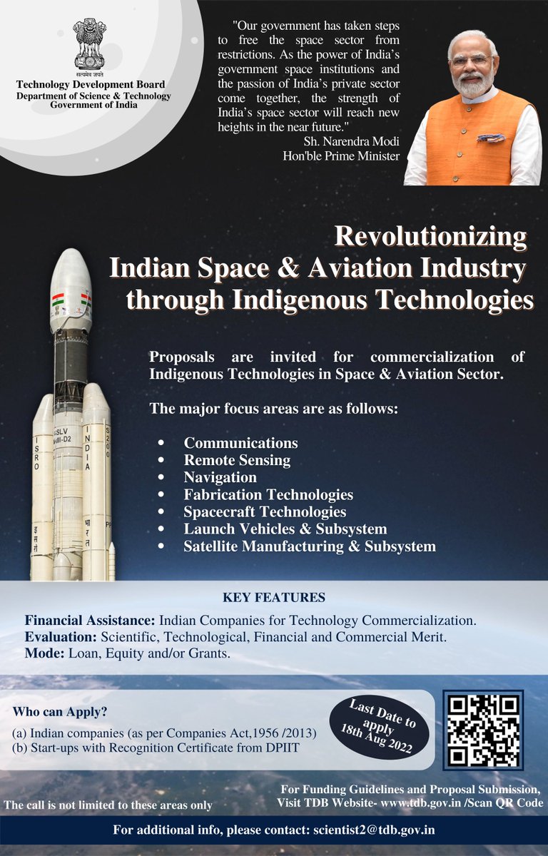 Hurry Now!!! Last date to apply- 18th August, 2022 Proposals are invited for commercialization of indigenous technologies in Space & Aviation sector. Register Now- e-techcom.tdb.gov.in/company-regist… @DrJitendraSingh @IndiaDST @isro @DRDO_India