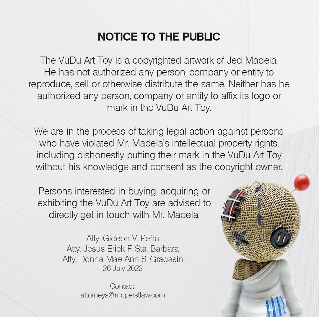 Gideon V. Peña (@attygideon) on Twitter photo The VuDu Art Toy is a copyrighted artwork of <a href="/jedmadela/">jedmadela ⁷</a>. He has not authorized any person, company or entity to reproduce, sell or otherwise distribute the same. Neither has he authorized any person, company or entity to affix its logo or mark in the VuDu Art Toy. The VuDu Art Toy is a copyrighted artwork of <a href="/jedmadela/">jedmadela ⁷</a>. He has not authorized any person, company or entity to reproduce, sell or otherwise distribute the same. Neither has he authorized any person, company or entity to affix its logo or mark in the VuDu Art Toy.
