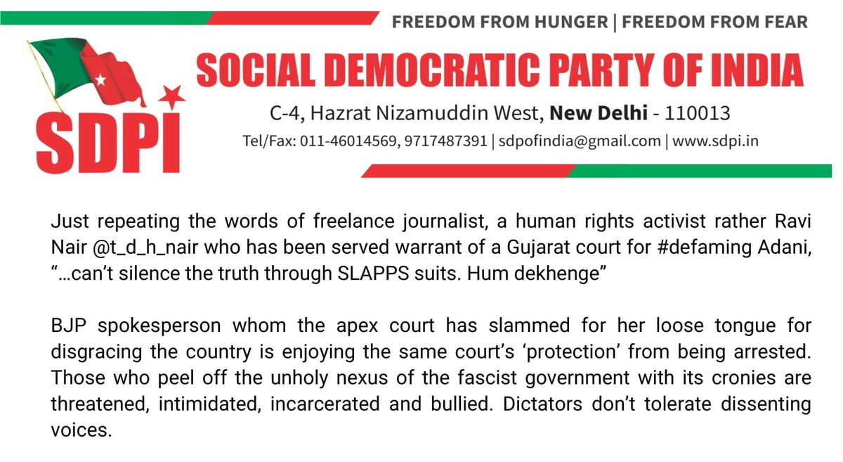 Just repeating the words of freelance journalist, a human rights activist rather Ravi Nair @t_d_h_nair who has been served warrant of a Gujarat court for #defaming Adani, “…can’t silence the truth through SLAPPS suits. Hum dekhenge”