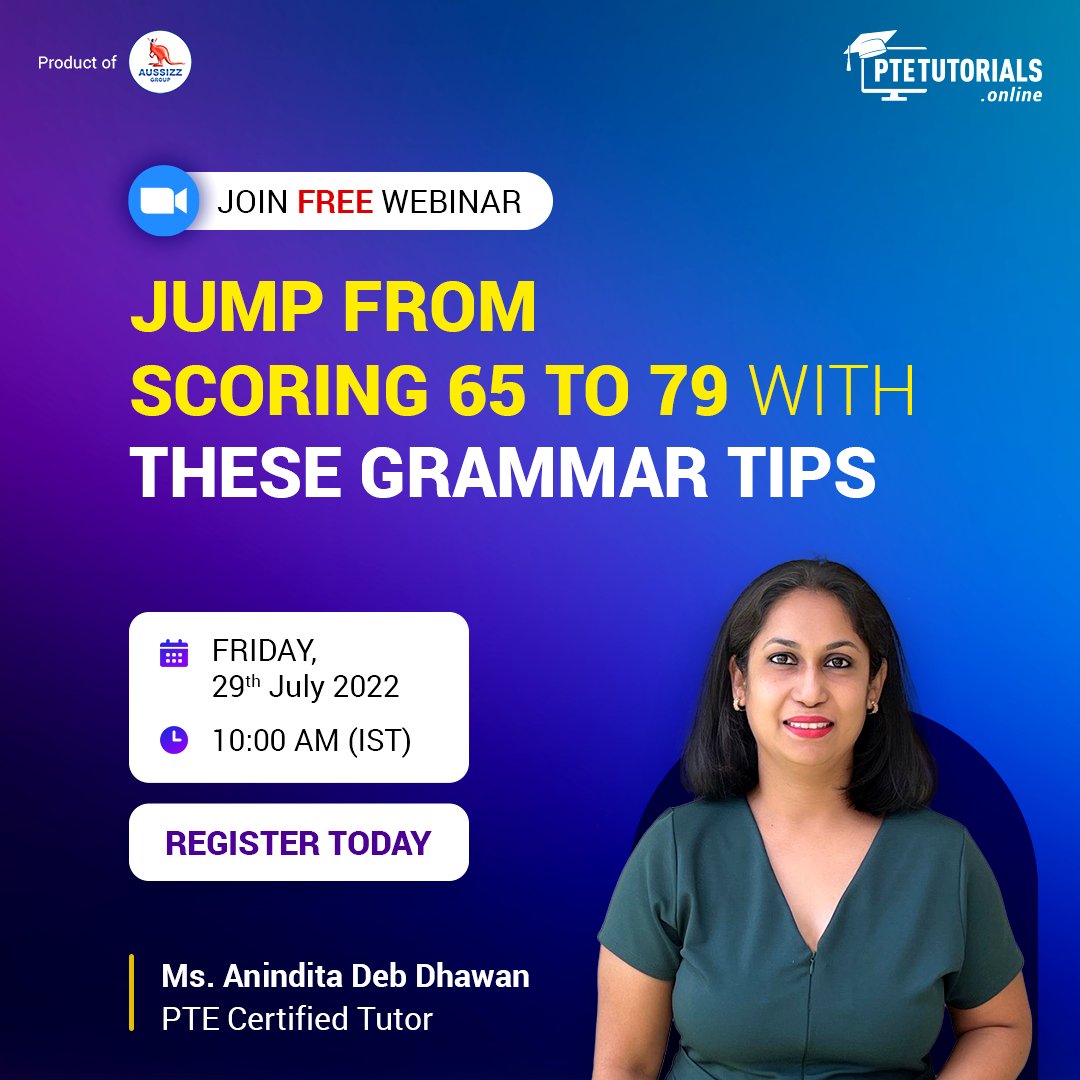 ✅If you are targeting a score of more than 79, it’s time to mark your calendars for 29th July 2022 (10 am- 11 am), where #PTEExpert Anindita Dhawan will help you learn all about #Grammar.

✅Register yourselves for the #PTEWebinar now.

🌐 bit.ly/3OBsj3Y

#pteexamtips