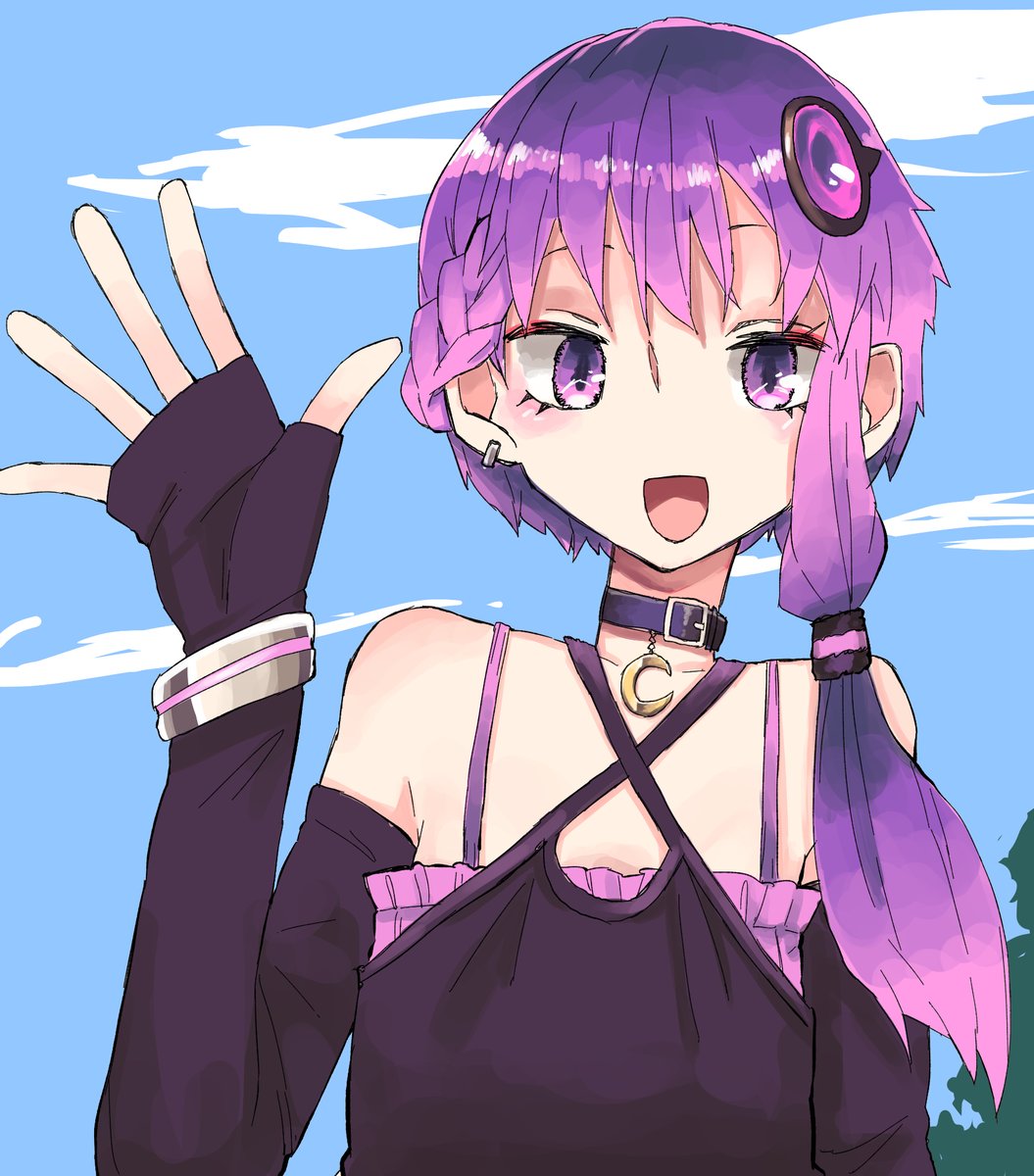 yuzuki yukari 1girl solo purple hair short hair with long locks fingerless gloves purple eyes waving  illustration images