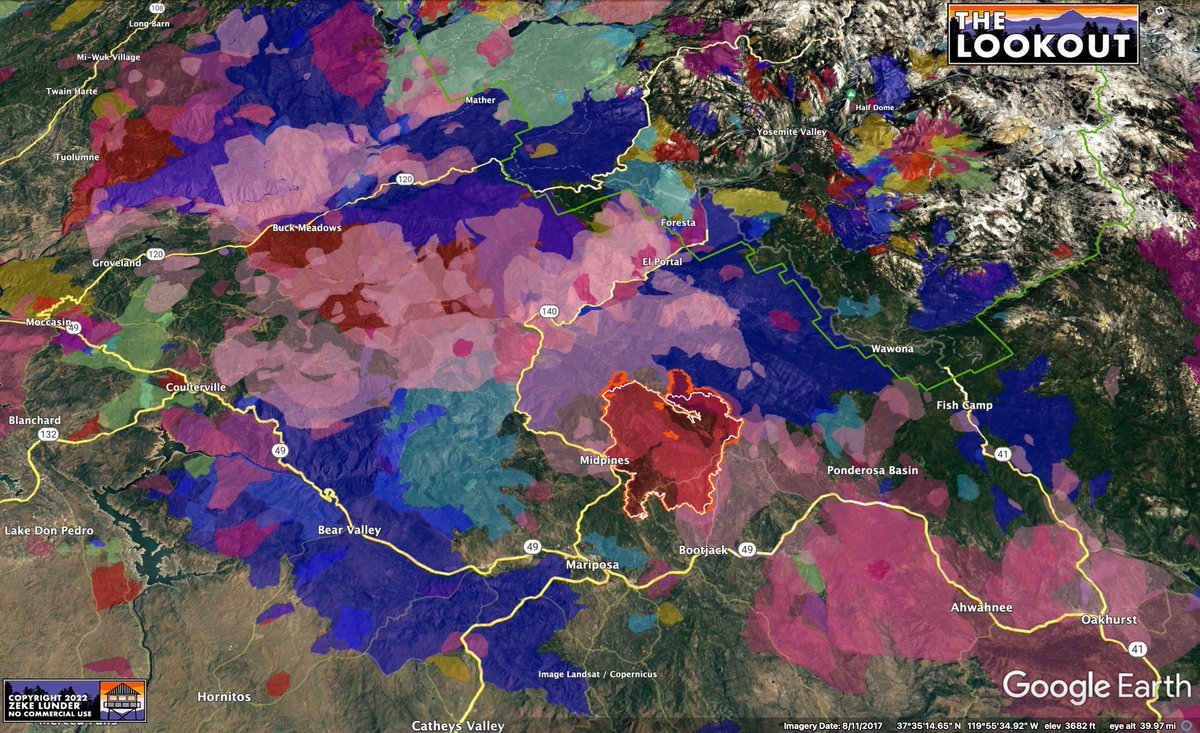wildland_zko's tweet photo. This version shows all large fires 1927-2019. #OakFire just right of center. https://t.co/eUvYcHWrgJ