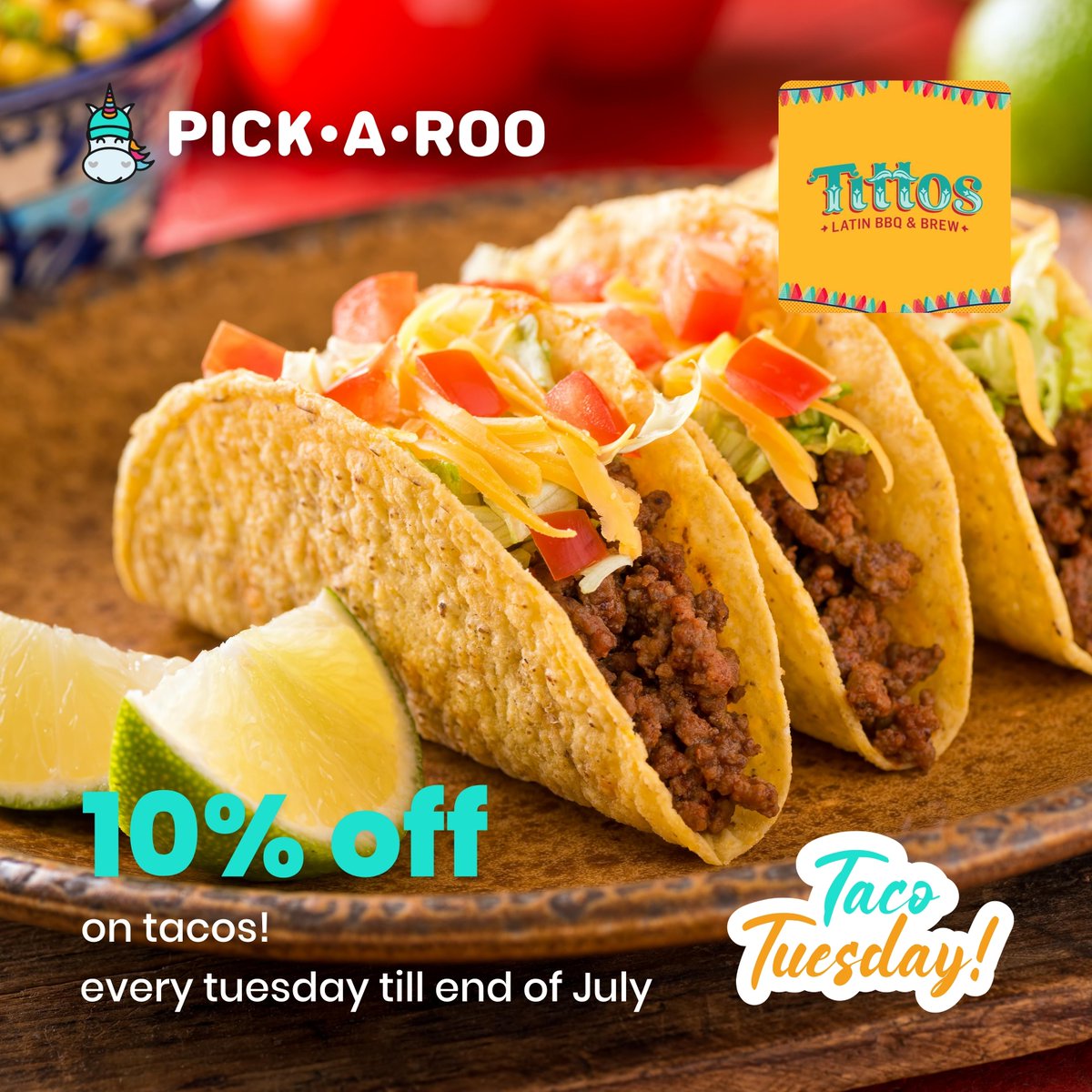 pickaroo's tweet photo. Let’s taco ‘bout this week's 10% OFF from Tittos Latin BBQ & Brew!
🌮 Till today only!
Order now: https://t.co/80sFTCjKRU
#PickARoo #DeliveryAppPH #Promo #FreeDelivery #FoodPromo https://t.co/bK1PiqZvBo