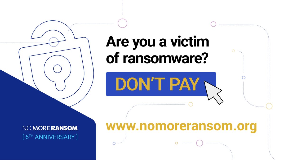 Europol's tweet photo. 🎉 Today we’re celebrating #NoMoreRansom’s 6th anniversary!

This means 6 years of:
🔓 helping ransomware victims unlock encrypted files
💡 providing tips on how to avoid getting infected
💶 keeping money out of the hands of criminals.

Press release ⤵️
https://t.co/C12cSaYISX https://t.co/HpZGP3LByw