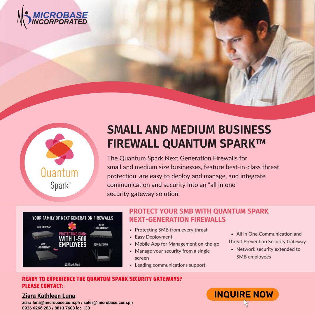 Microbase28's tweet image. Today’s cyber-landscape is tough for small and midsized businesses. Protect Your SMB with Quantum Spark Next-Generation Firewalls!

Inquire now at sales@microbase.com.ph or dial 8813 7603 loc 130.

#Checkpoint #firewallsecurity #quantumspark