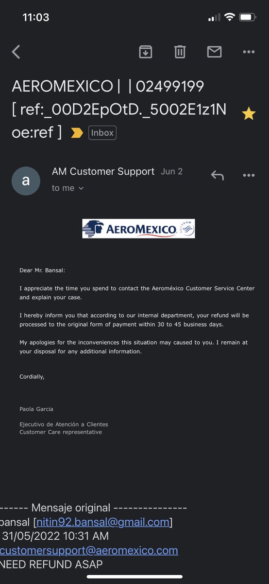 nitin92bansal's tweet photo. @AeromexicoUSA @Aeromexico 

LAST WARNING. 

Despite your team’s email dated June 2, 2022, advising that I will receive the refund within 30-45 days, have not received it. Not only that your team sent an email on the same day that my case is closed but how it can be closed https://t.co/Xz6cQnbf7l