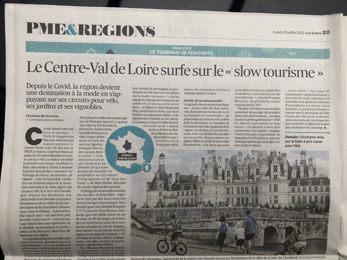 Stratégie gagnante de la région Centre-Val de Loire qui a construit son attractivité touristique sur le vélo, les concerts et les jardins répondant ainsi aux envies des Français après le Covid

<a href="/RCValdeLoire/">Région Centre-Val de Loire</a> <a href="/fbonneau/">François Bonneau</a> <a href="/Chaumont_Loire/">Domaine de Chaumont-sur-Loire</a> <a href="/domainechambord/">Château de Chambord</a> <a href="/La_Loire_a_Velo/">La Loire à Vélo</a> <a href="/LesEchos/">Les Echos</a>