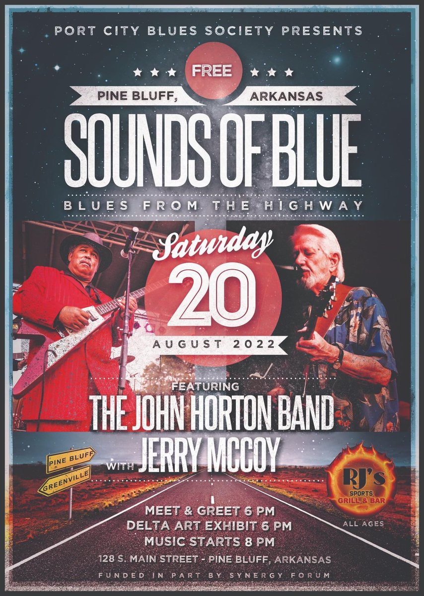 Sat, August 20th “Sounds of Blue - Blues from the Highway".  Hosted by Port City Blues Society at RJ's Grill &amp; Bar.  Meet and greet the artists, Delta art exhibit, followed by music from The John Horton Band with Jerry McCoy. Funded by a grant from Synergy Forum, Inc. #deltablues