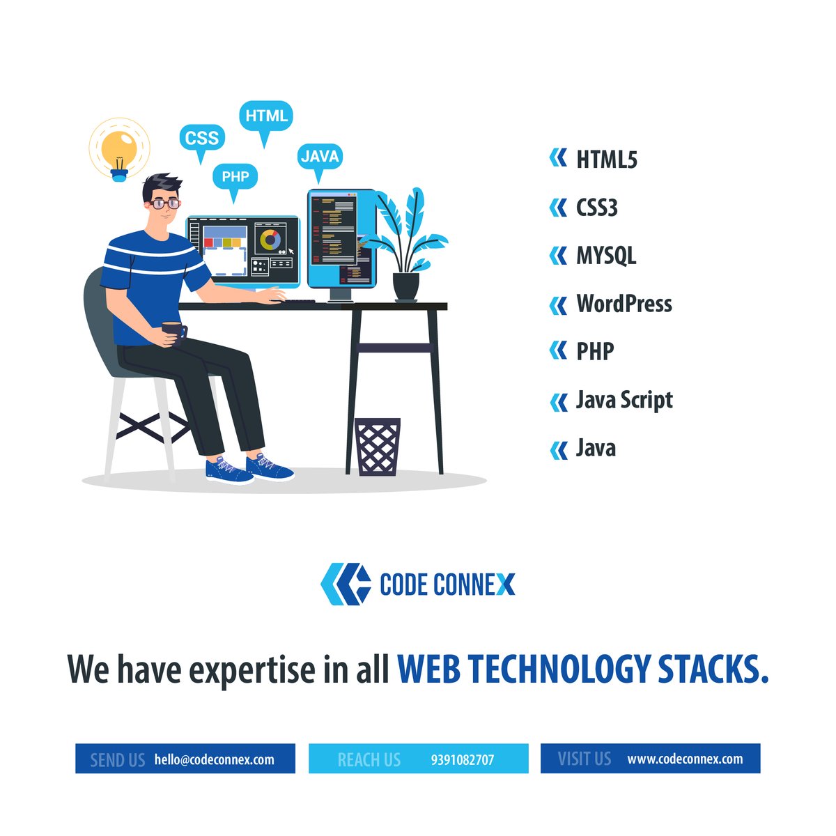 The full range of web technology stacks is under our expertise.
HTML5
CSS3
MYSQL
WordPress
PHP
Java Script
Java

#java #javascript #php #html #technology #wordpress #css #mysql #codeconnex #softwaredevelopment #itcompanyindia #ittechnology