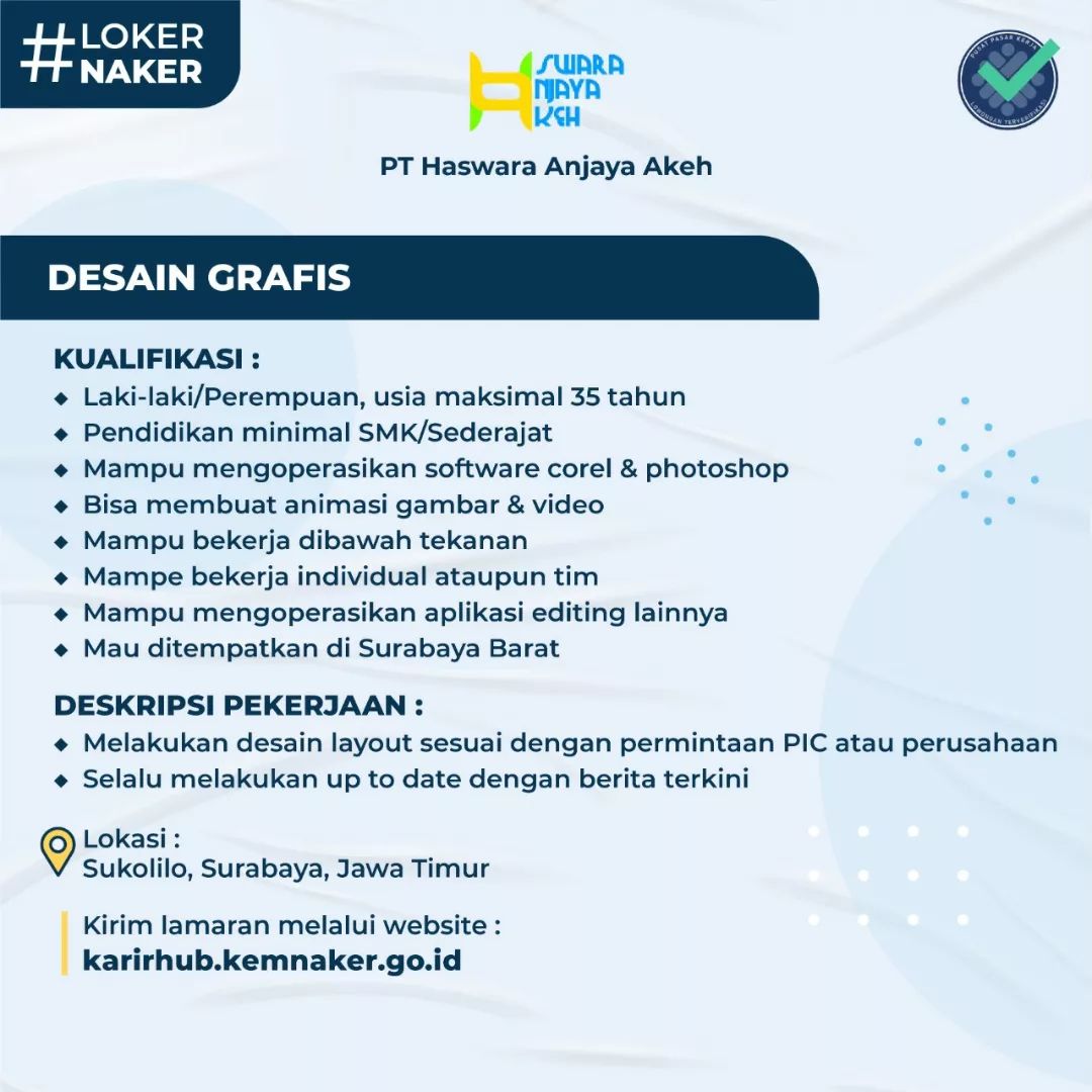 KemnakerRI's tweet photo. Ada info loker lulusan SMK/Sederajat bagi yg paham desain grafis 😊

Halo Rekanaker yang ada di Surabaya dan sekitarnya, ada #LokerNaker bagian Desainer Grafis nih. Yuk apply lowongan pekerjaan ini ke https://t.co/mWQGUWY8DB 😉 https://t.co/1xNFFVcIIS