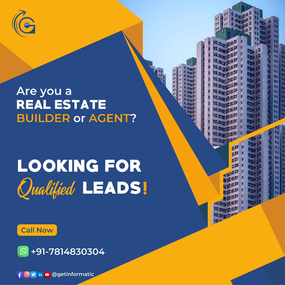 GetInformatics's tweet image. If you&apos;re looking to expand your customer base and maintain a strong digital presence, look no further than #Getinformatics. We are the best #leadgeneration company for real estate builders n agents. Call us today to get started with fresh, #qualifiedleads for your business.