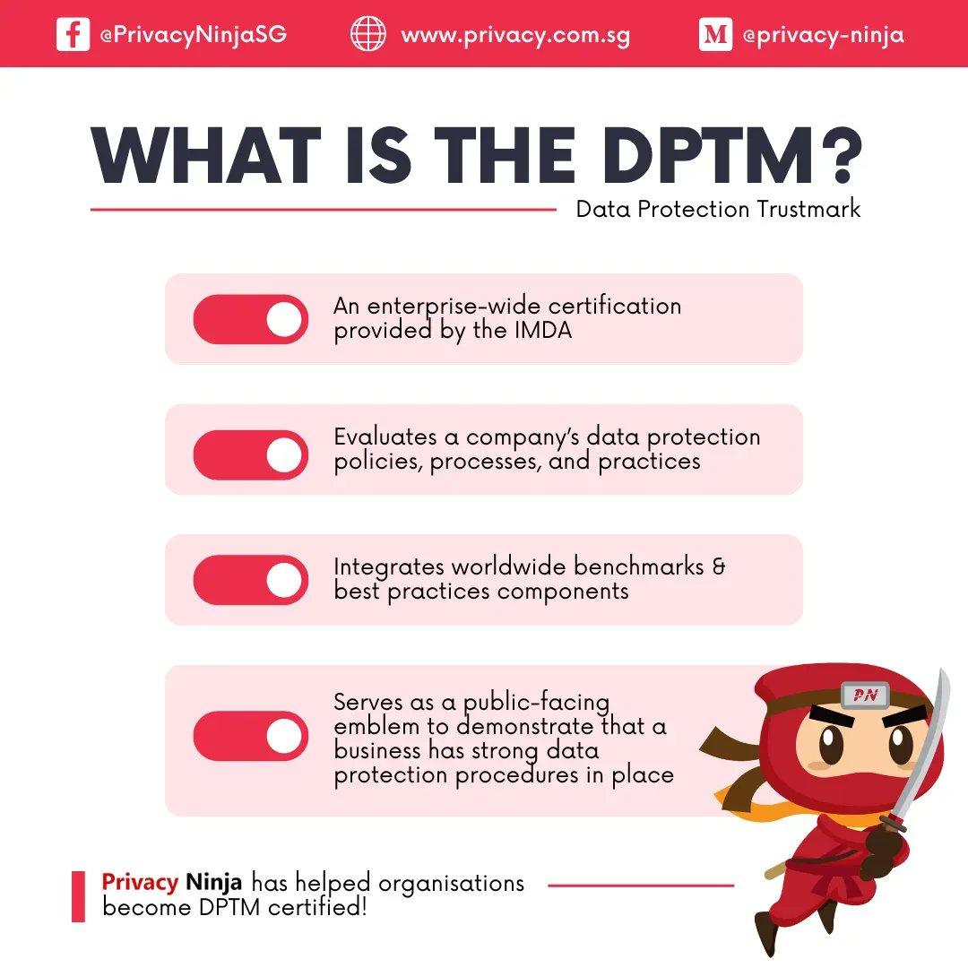 PrivacyNinjaSG's tweet photo. 👍 In #Singapore, A DPTM certification is a public-facing emblem 🥇 to flex that your business has strong #DataProtection procedures in place!

💪 YES, #PrivacyNinja has helped several clients become DPTM certified! ▶️ https://t.co/f0NMMng9kK https://t.co/uChvq0oV2B