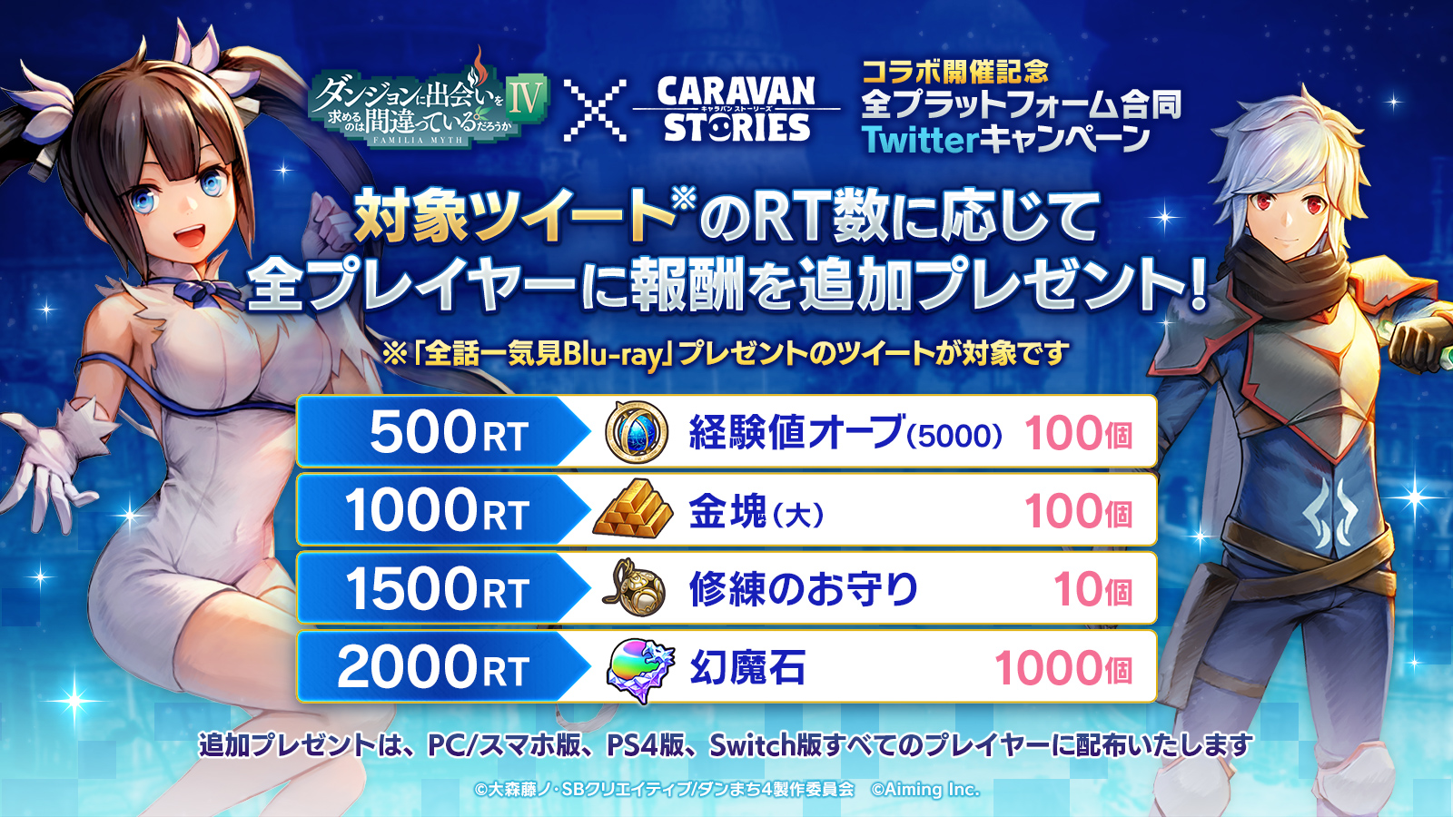 公式 Caravan Stories 上記のツイートのrt達成数に応じて冒険者さま全員に幻魔石や修練のお守りをプレゼント 報酬が増えますのでぜひご参加くださいませ キャラスト Danmachi T Co Vjqyjfelzj Twitter