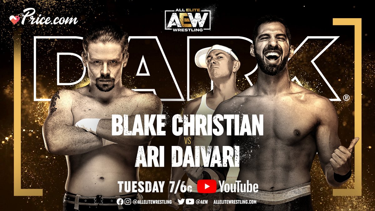 AEW's tweet photo. Don’t miss tonight’s huge episode of #AEWDark at 7/6c!
▶️ https://t.co/lBSV4rTE11
-#SlimJ v #TheFactory's #BlakeLi
-#JerichoAppreciationSociety's @TheAngeloParker vs @thecamstewart
-@_BlakeChristian vs @AriyaDaivari
Presented by https://t.co/T2ZZ2RWZaK https://t.co/qVYYubU6jZ