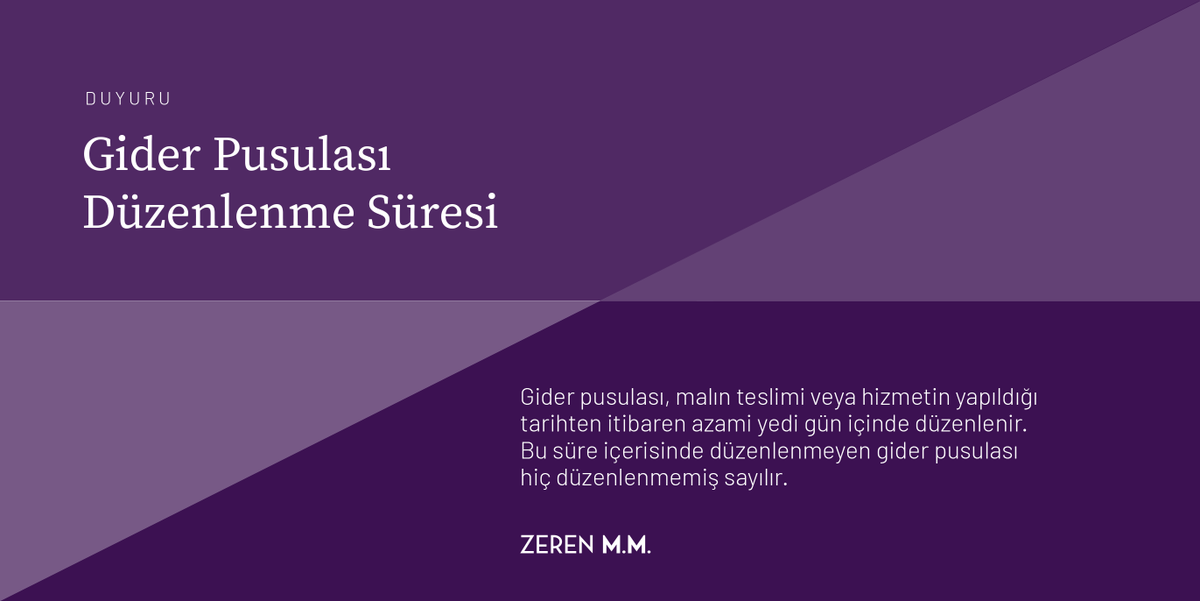 Gider pusulası, malın teslimi veya hizmetin yapıldığı tarihten itibaren azami yedi gün içinde düzenlenir. Bu süre içerisinde düzenlenmeyen gider pusulası hiç düzenlenmemiş sayılır.

#zerenmm #malimüşavirlik #giderpusulası