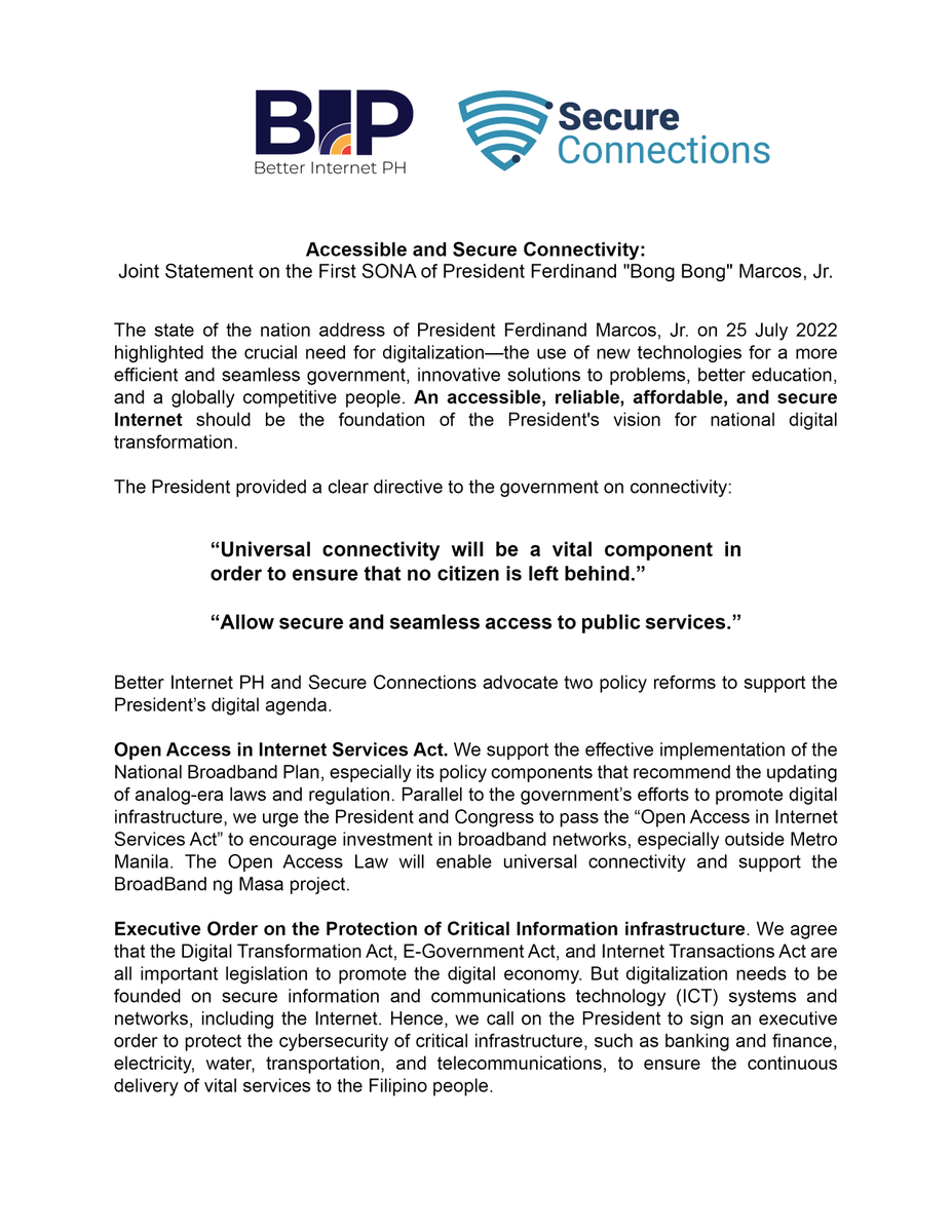 secureconnectph's tweet photo. LOOK: Joint Statement of Better Internet PH and Secure Connections on the First SONA of President Ferdinand "Bongbong" Marcos Jr.

#SONA2022 #betterinternetph #CybersecurityPH https://t.co/9qN5N3ZsJR
