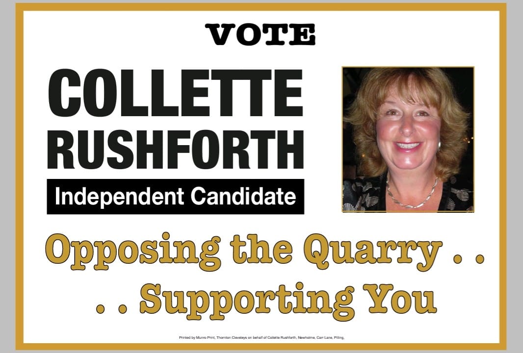 PreesallQuarry's tweet photo. We are so pleased to be supporting Collette as she stands to become a Wyre Borough Councillor in the forthcoming election. As an Independent Candidate, she will not be subjected to any party whip and will fight on your behalf to #StopPressallQuarry. Please lend her your VOTE! https://t.co/dlOKeLLuGg