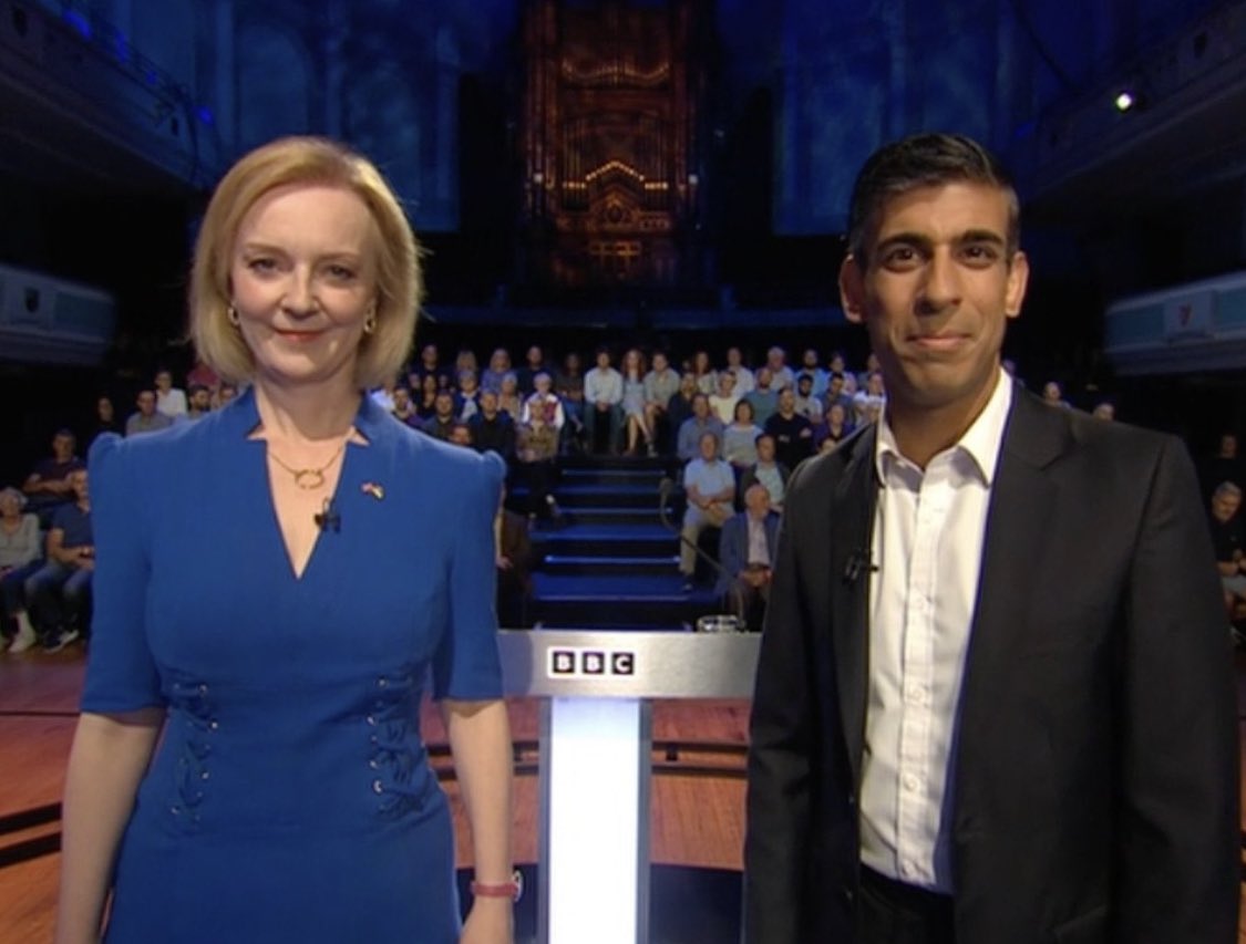 I haven't watched the debate in its entirety yet, but Rishi comes across as an aggressive upstart & Liz as a dimwit.

We're fucked.

#BBCOurNextPM #BBCBreakfast #GMB