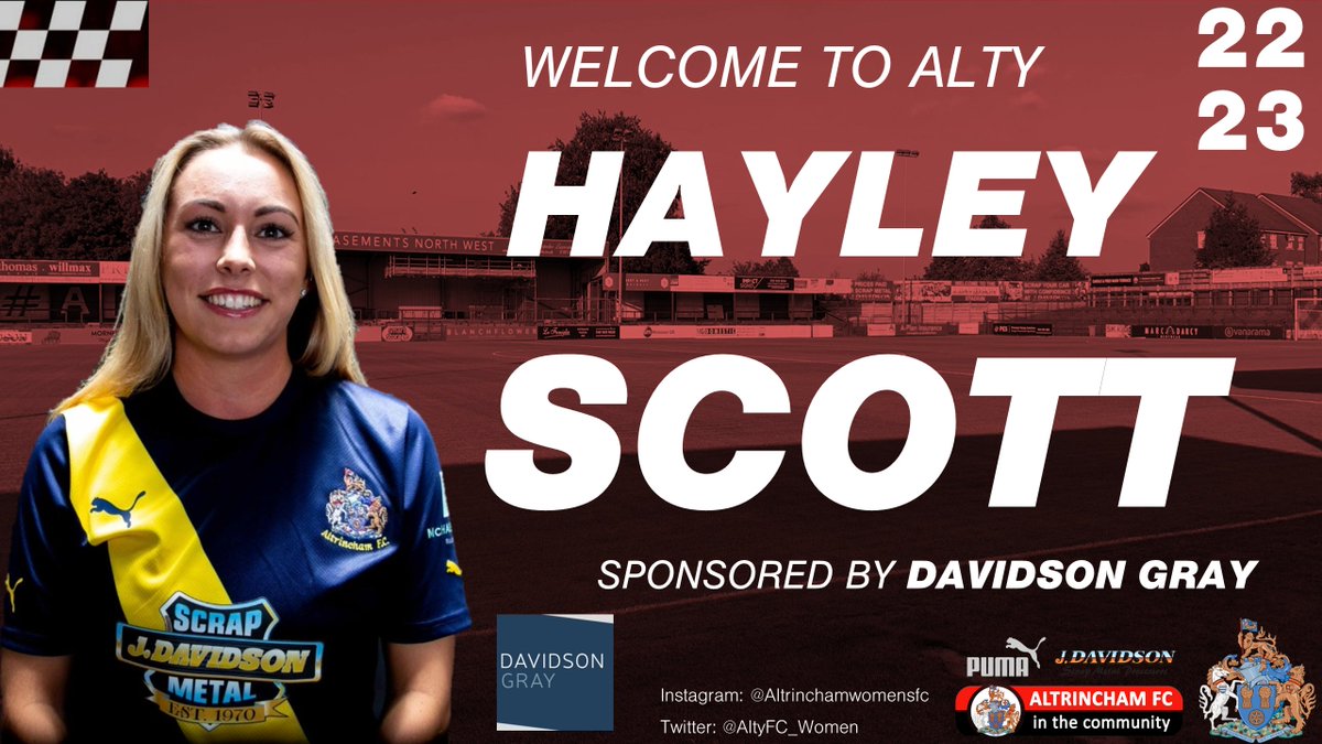 AltrinchamFCW's tweet photo. ✍️ NEW SIGNING!

Alty FC Women are delighted to announce the signing of Hayley Scott for the 2022/23 season!

🤩 A big thank you to Davidson Gray who will be sponsoring Hayley this year.

Welcome to Alty, Hayley! 🔴⚪️⚽️ https://t.co/DTaTj46Qif