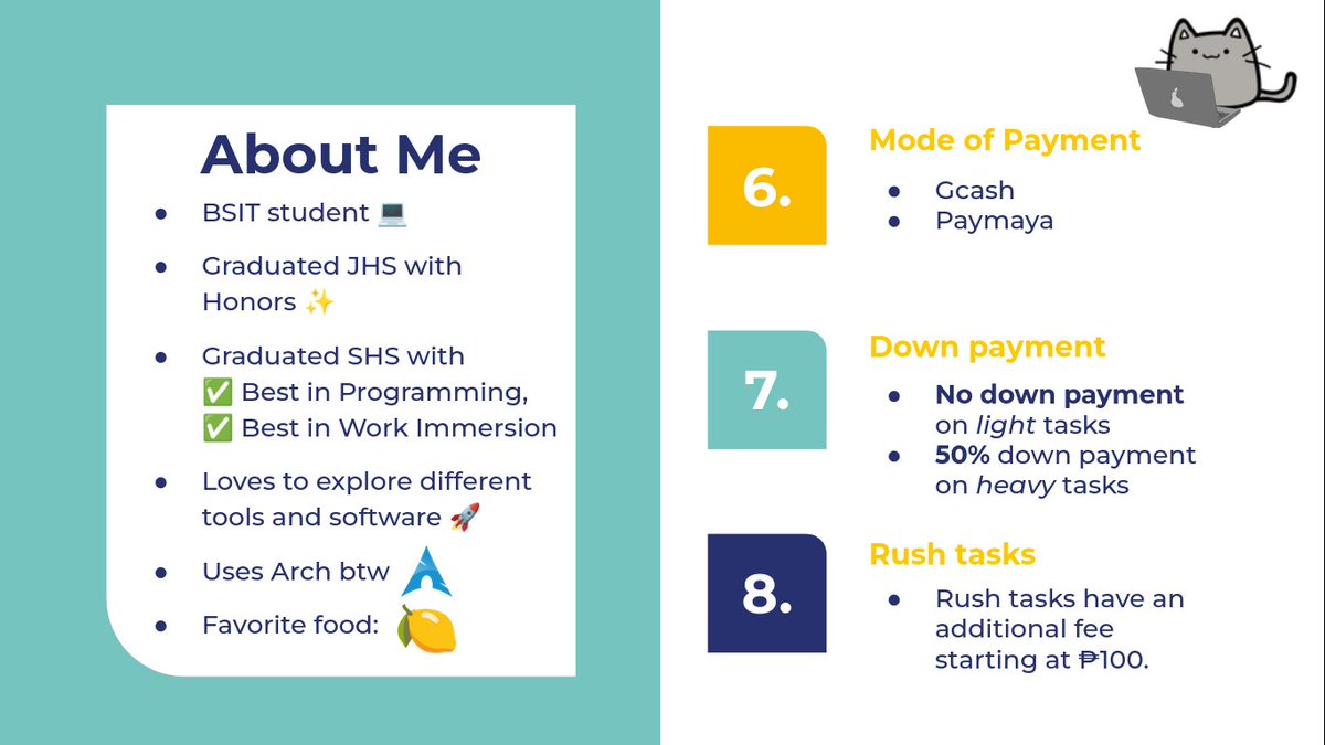 codewithlemon's tweet image. What's up #commstwt! It's ya boi: The Coding Lemon 🍋 Ready to Give Solutions to Your Programming Problems ✅
Have a tech-related issue? Just DM me 📩✨
Check my comms sheet below and see how I can help you 👇 lf clients it java system website database html css js php python 🏷️