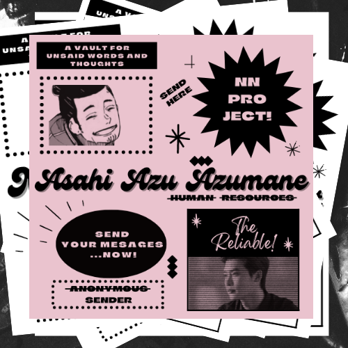 ㅤㅤㅤ
ㅤㅤㅤ
「💌」A Vault for Unsaid Words and Hidden Thoughts.

I, ASAHI AZU AZUMANE, is inviting you to be a part of our NN family where we value your privacy while bringing you utmost comfort. 

#NoNameProject #NN_TheVAULT #NNPHiring
ㅤㅤㅤ