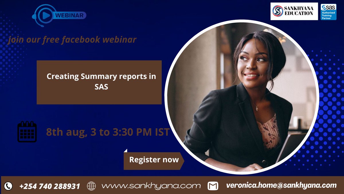 SankhyanaK's tweet photo. you are invited to join our #Free webinar
creating Summary reports in SAS
Register here:- https://t.co/A2QvZEtt0G https://t.co/vkpxphP3AW
#sasprogramming #sasprogrammer #interview #programming #statistics #biostatistics #programmer #clinicalsasprogramming #kenya https://t.co/6i1wIRnrY0